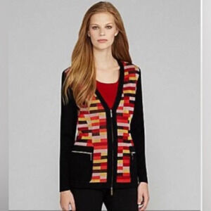 EXCLUSIVELY MISOOK Knit Cardigan Jacket Metallic Mosaic Zip Front Pockets XL